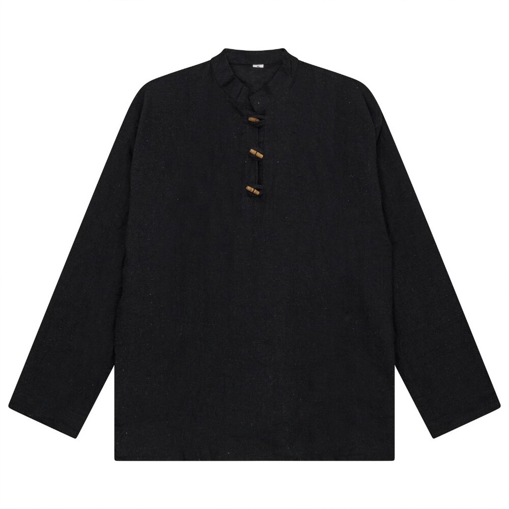 Men casual black Shirt Collarless Plain Cotton LongSleeve button Top cotton boho